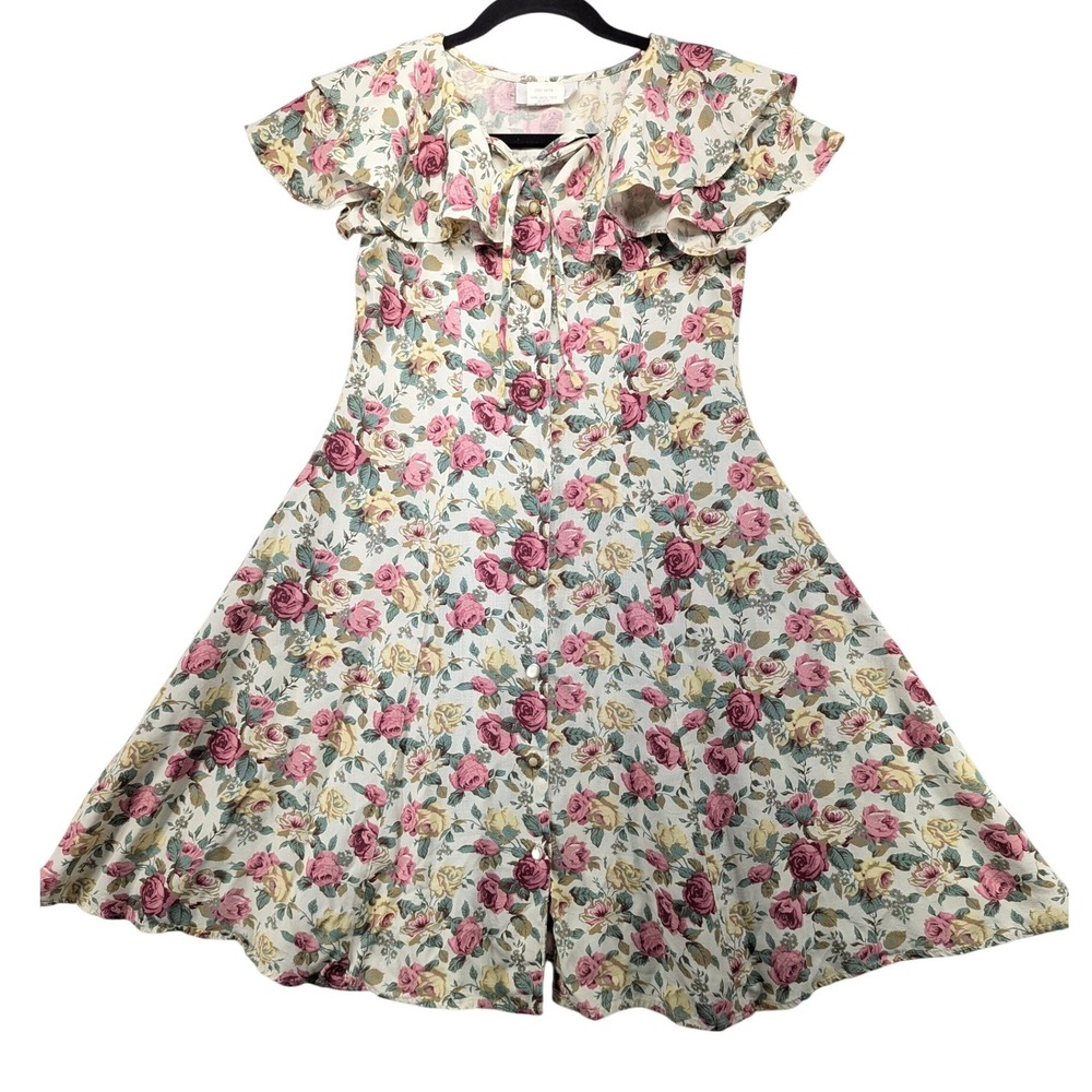 Chorus Line Kids Vintage 90s Floral Rose Ruffle Midi Dress Pink Yellow Size 10